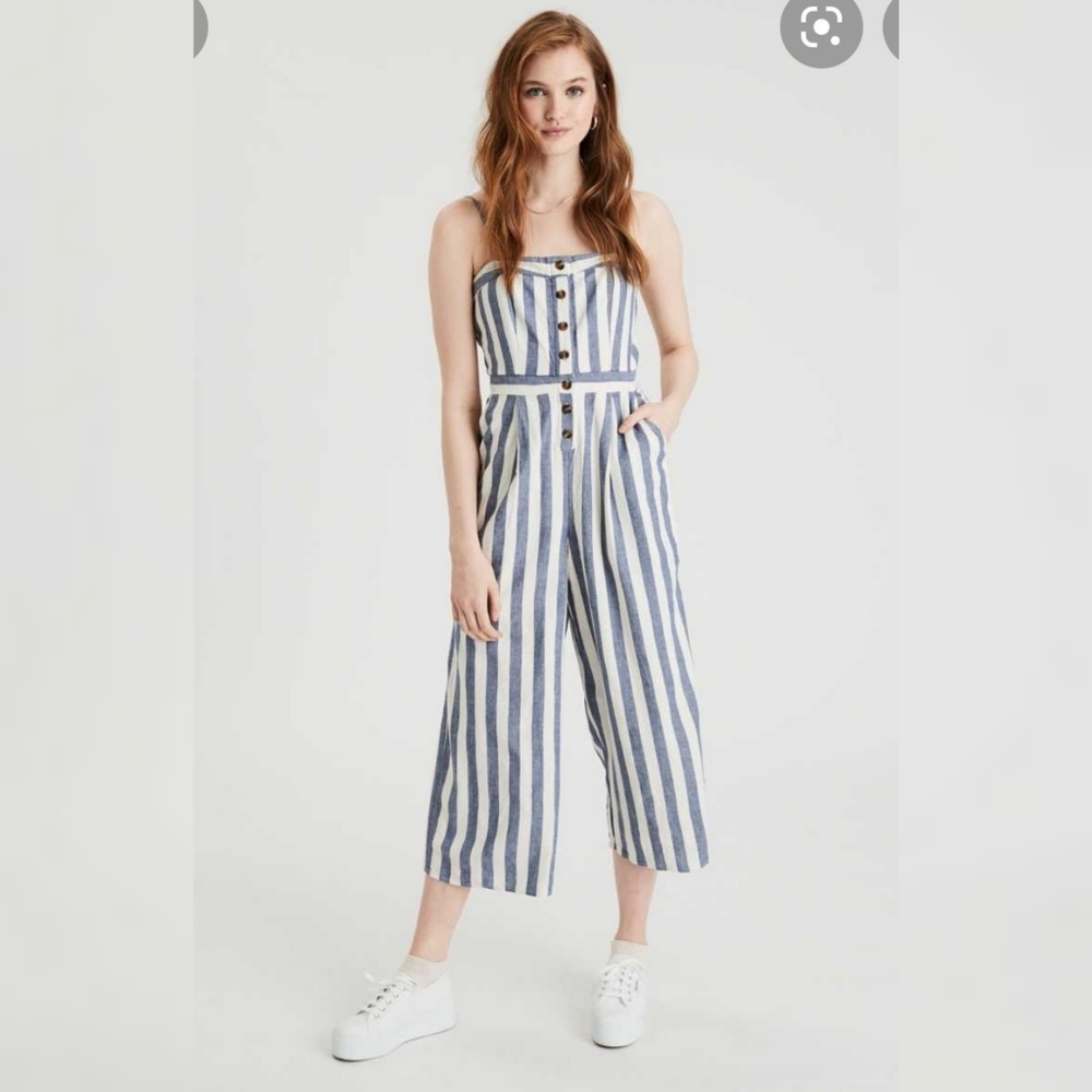 American Eagle Outfitters Blue and White Striped Jumpsuit